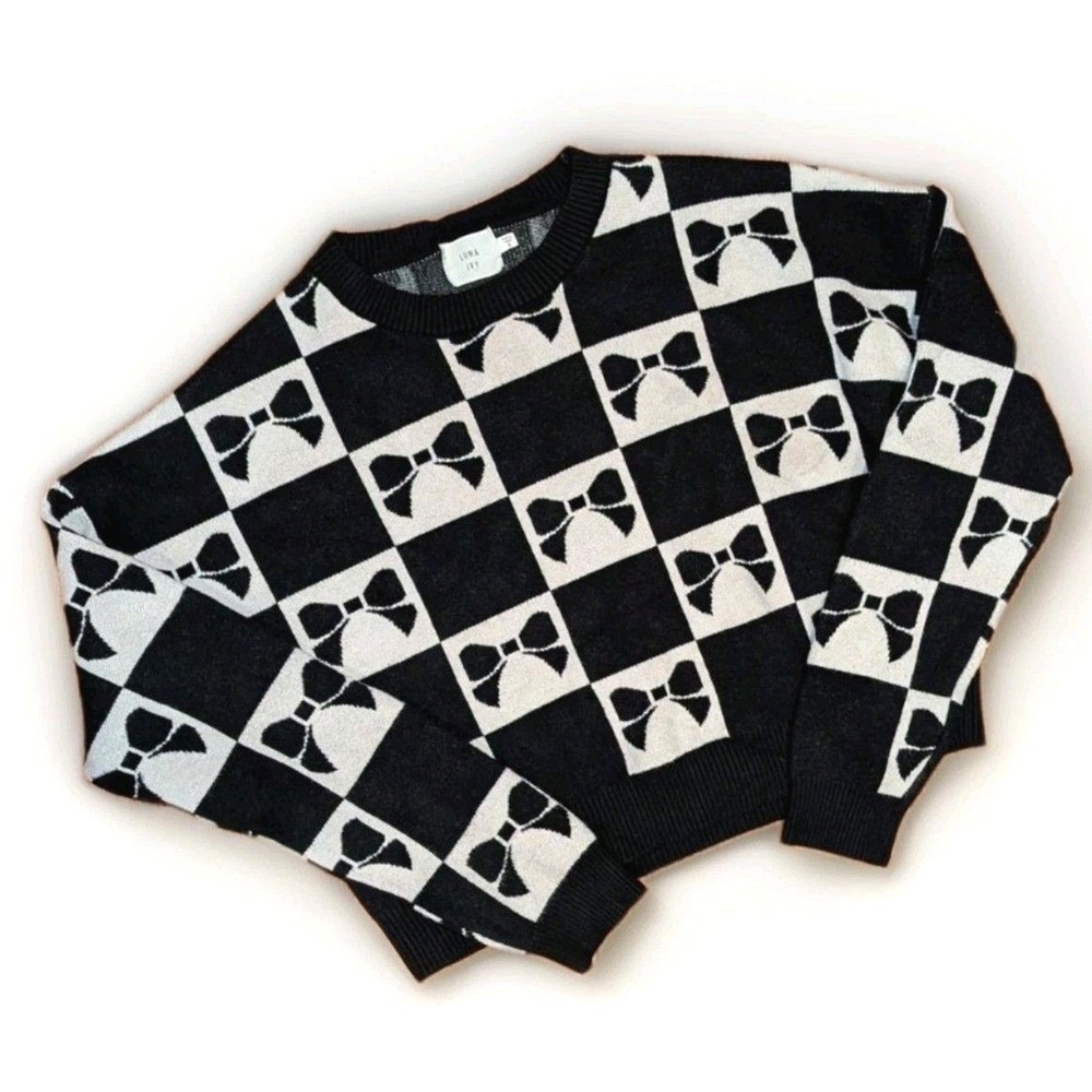 Coquette Anthropologie Luna Ivy Bow Print Crop Sweater Black White Small